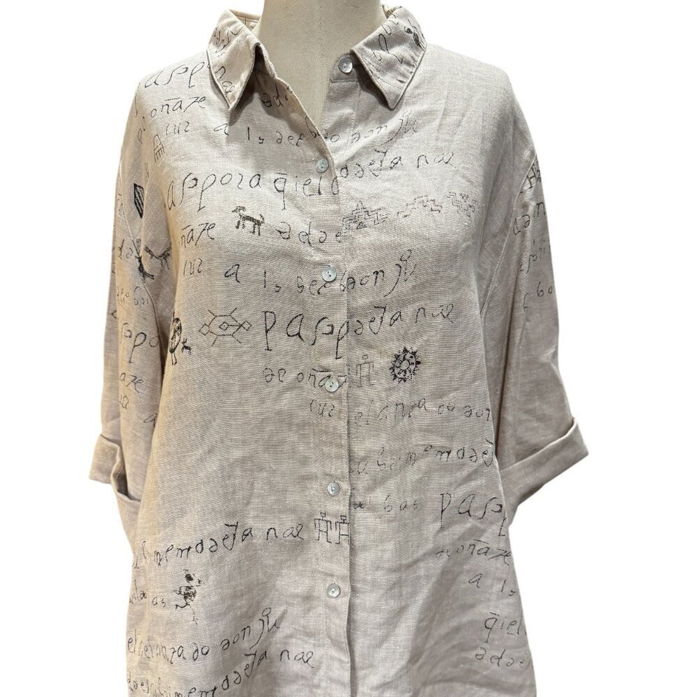 Chico’s Linen Script Print Button Up Shirt Size 3 XL Neutral Artsy Blouse